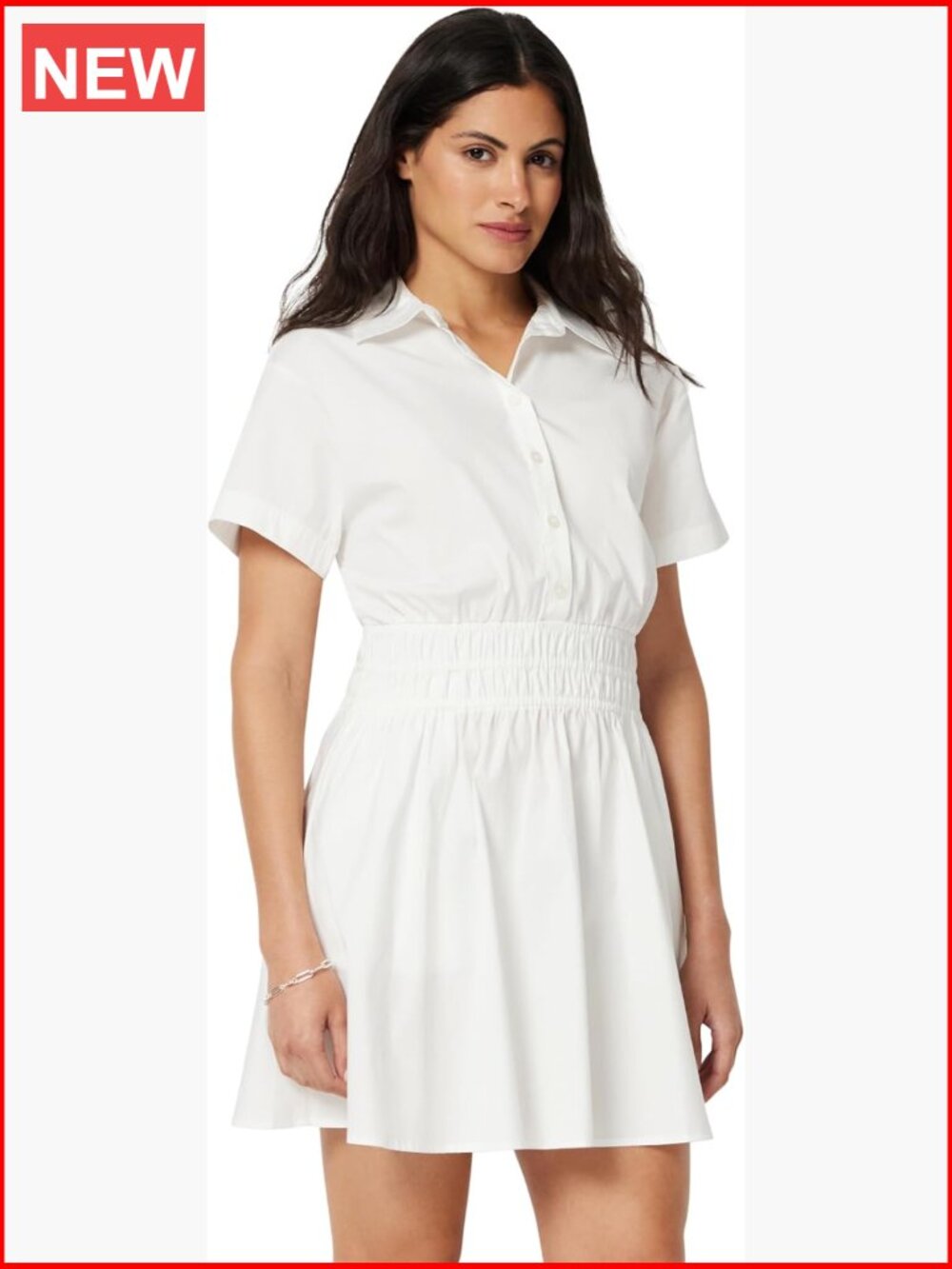 Fit & Flare Cotton Poplin Collared Short Sleeve Dress with Elastic Waist